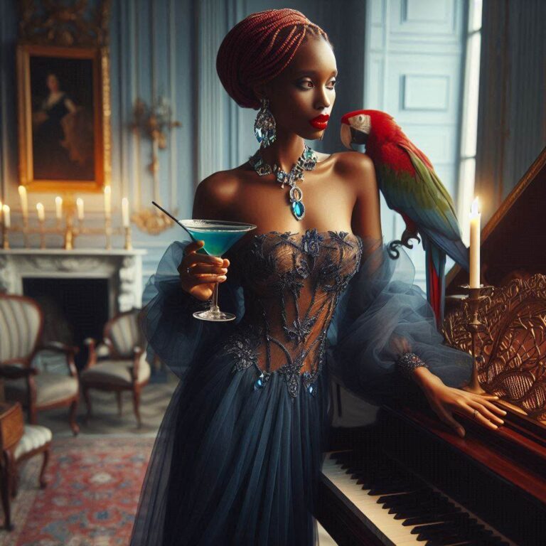 Red-Haired Woman by Grand Piano in Palladian Home