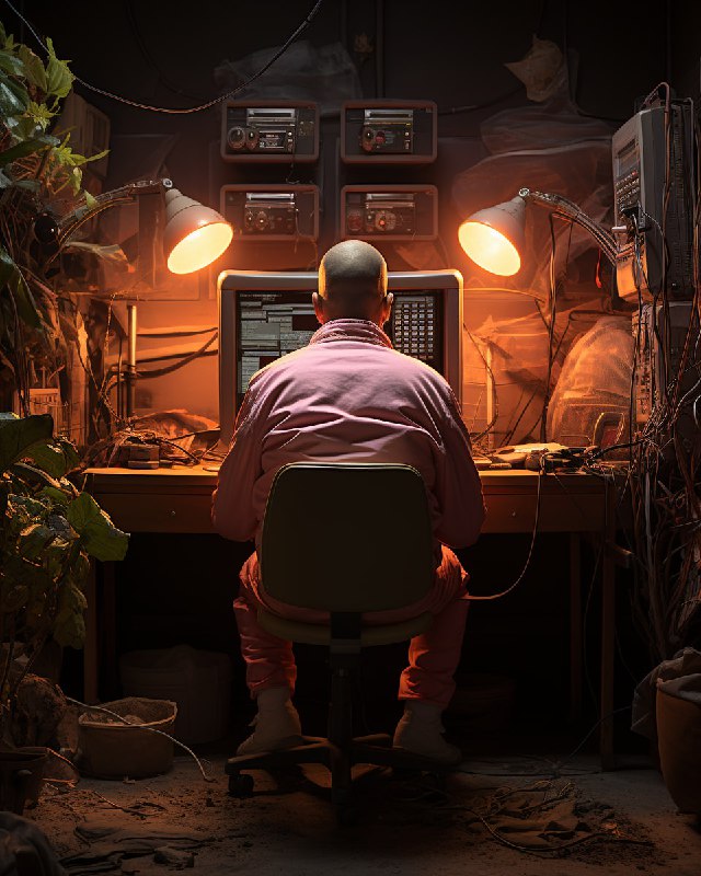 Bald Man at Computer Seen From Behind Light Tones