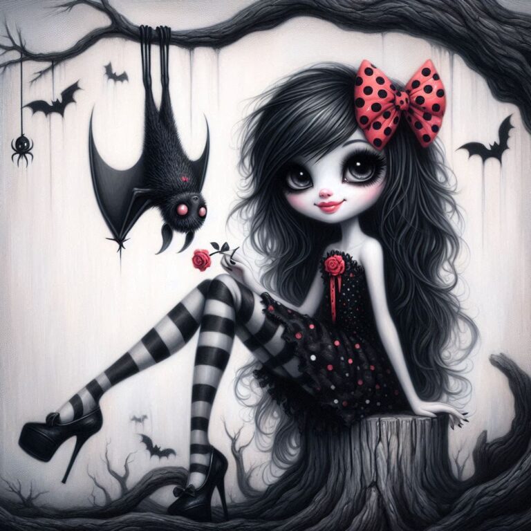 Odd Cute Bat Girl With Polka-Dot Bow on Black Tree