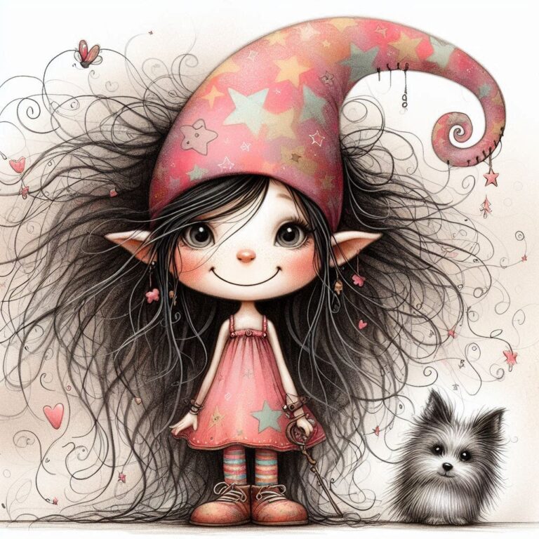 Joyful Gnome Doll Girl With Black Curls and Dog