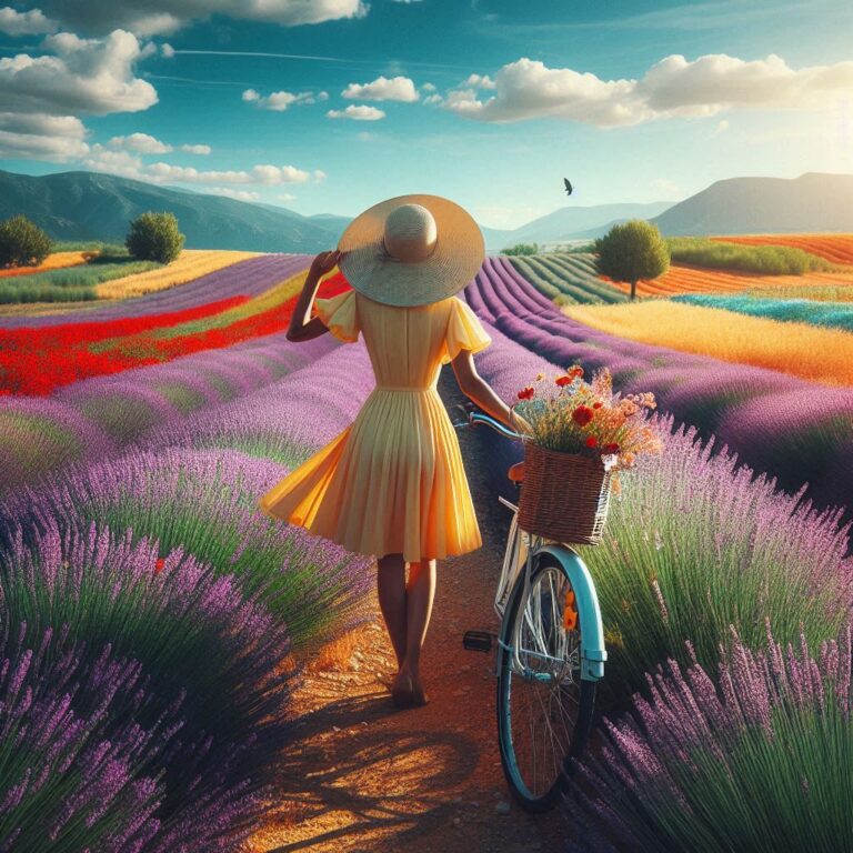 Woman in Yellow Dress With Bicycle in Lavender Field
