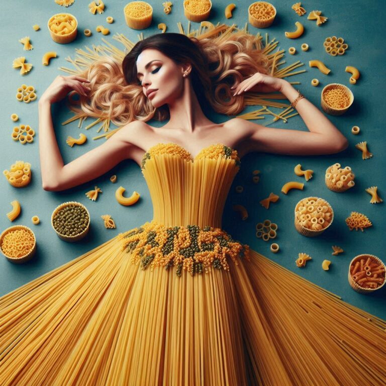 Woman in Dress Made of Spaghetti and Macaroni