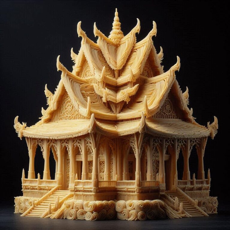 Hyperreal Noodle Temple on Black Background