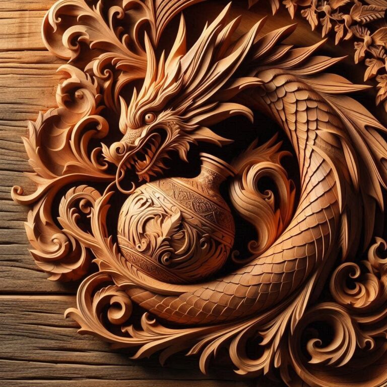 Steampunk Dragon Curve Fractal Jug Carved in Wood