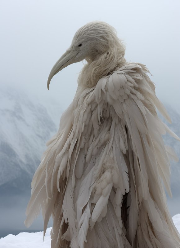 Giant White Feathered Monster in Snowy Mountains