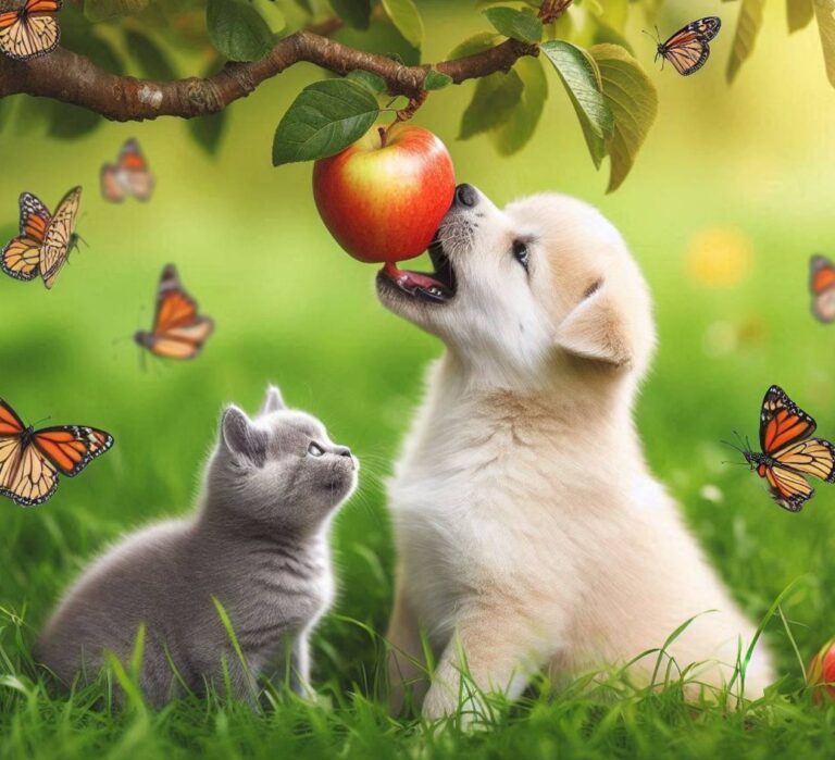 Puppy Picking Apple From Tree With Kitten and Butterflies