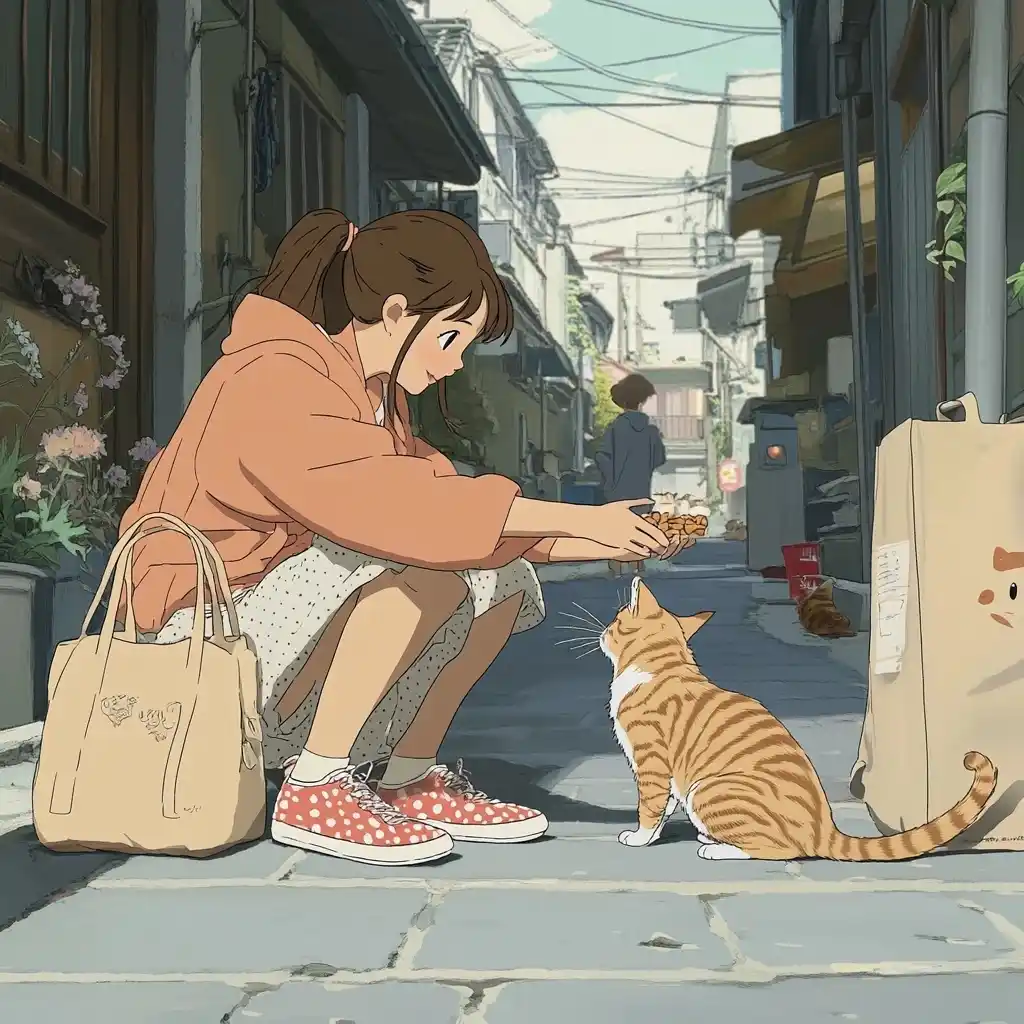 Miyazaki Woman Feeding Cats