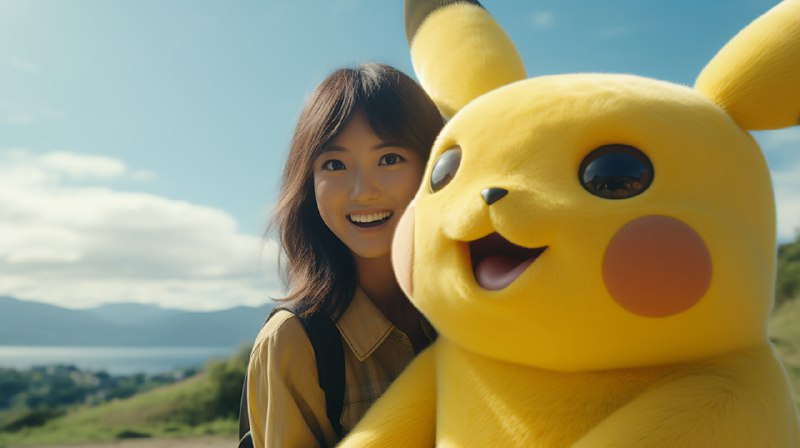 Giant Pikachu Costume With Happy Woman in Park