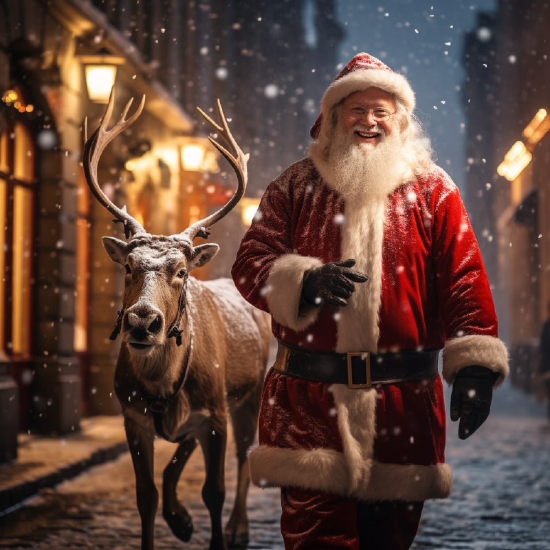 Santa and Reindeer in Snowy Budapest Old Town
