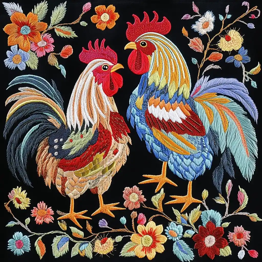 Vibrant Roosters in Embroidery