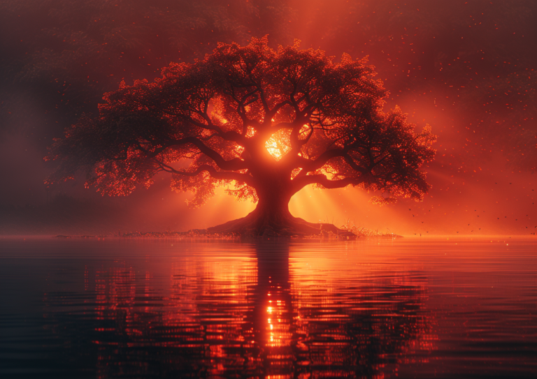 Misty Tree on Water in Orange and Crimson Tones