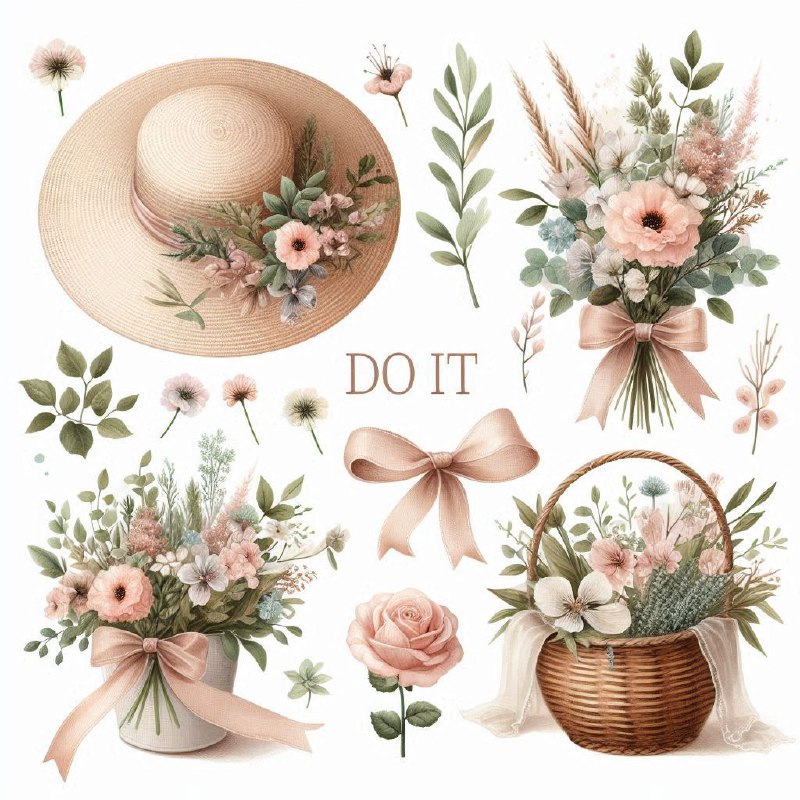 Vintage Pastel Floral Watercolor Clipart With Straw Hats