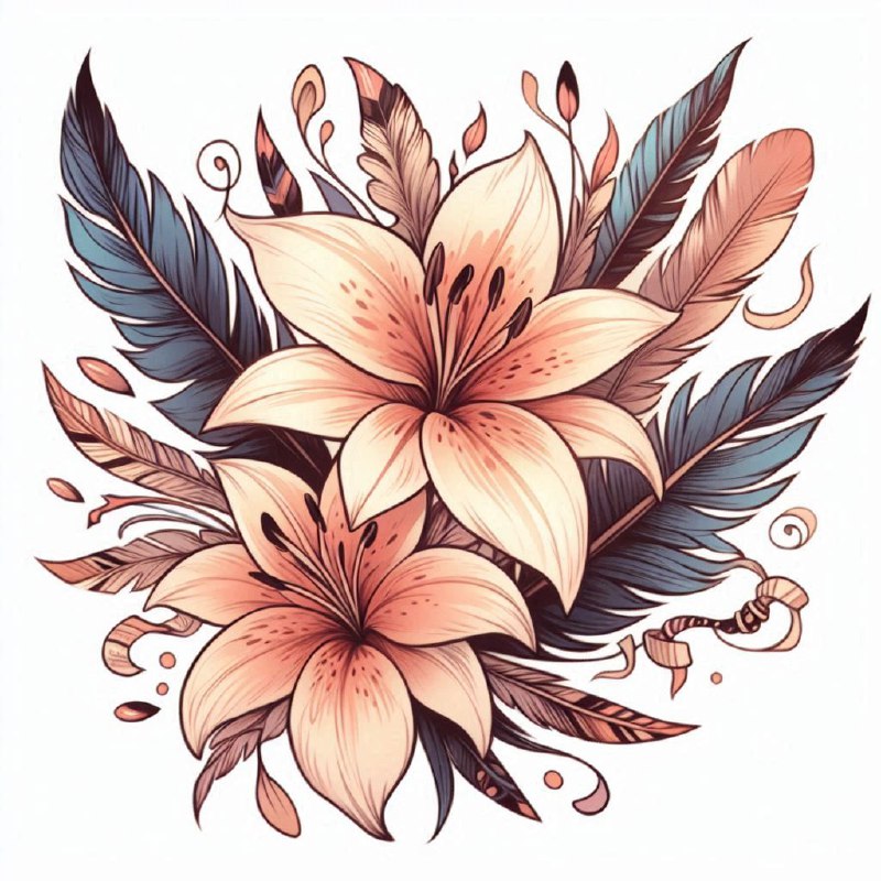Pastel Dream Lily Tattoo Design With Feather Motifs
