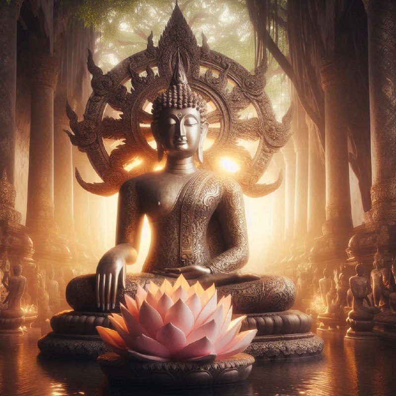 Mystical Buddha Statue Bathed in Golden Divine Aura