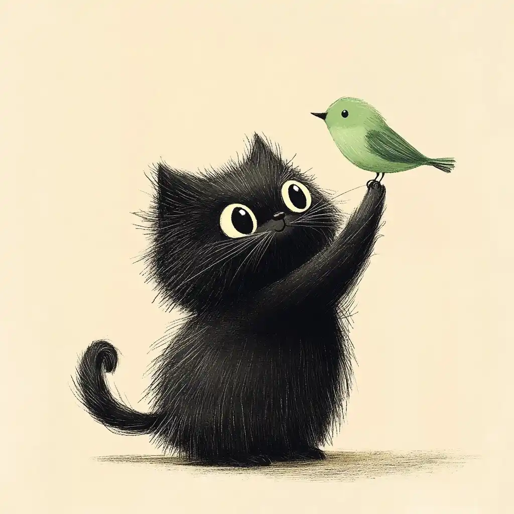 Whimsical Cat with Bird