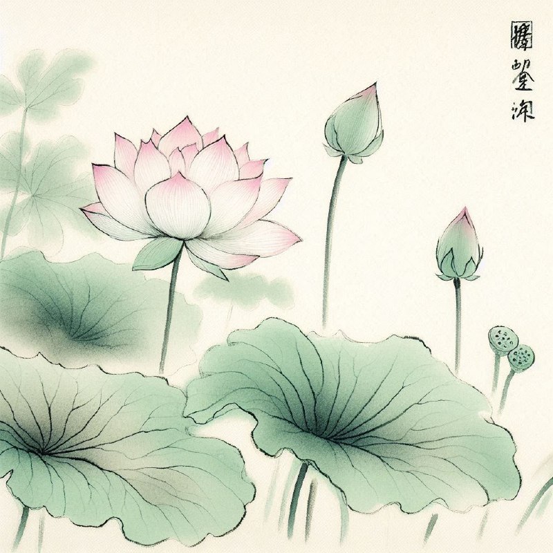 Minimalist Chinese Watercolor Pink Lotus and Leaves