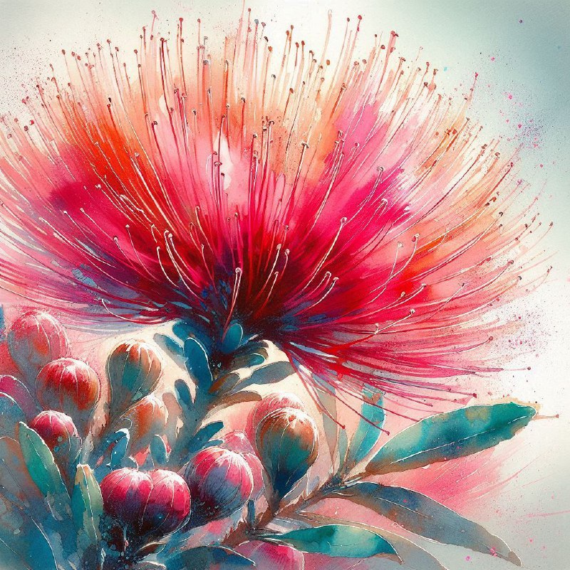 Impressionist Pohutukawa Flower Watercolor Illustration