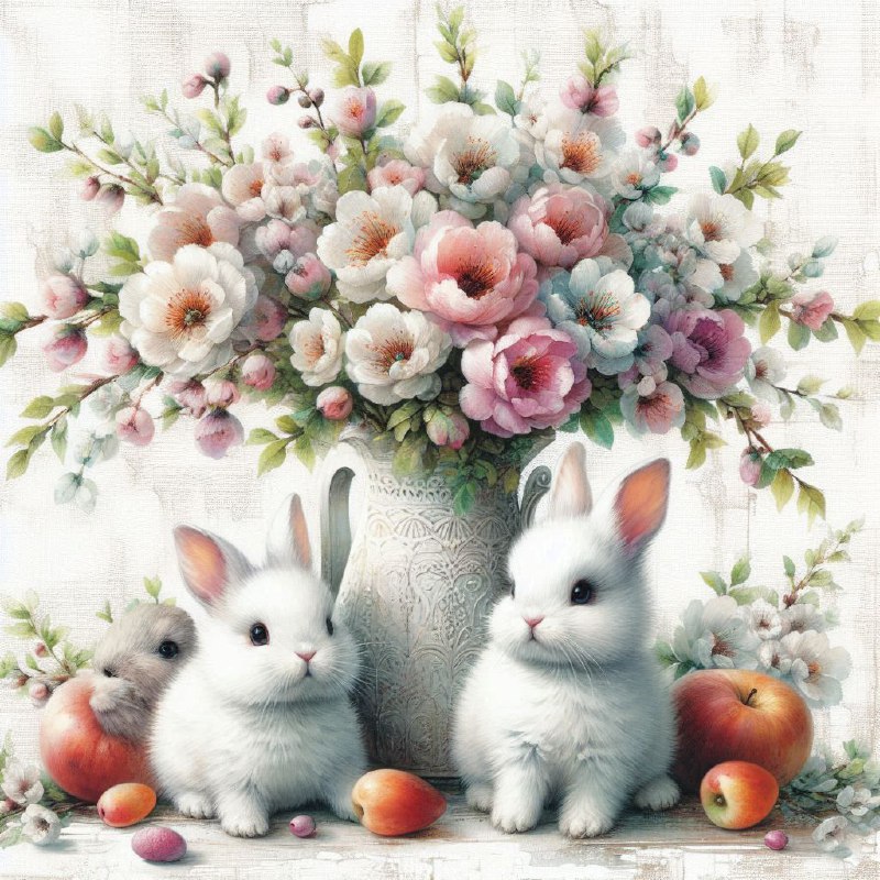 Playful Bunnies in Bloom Luminous Watercolor Canvas