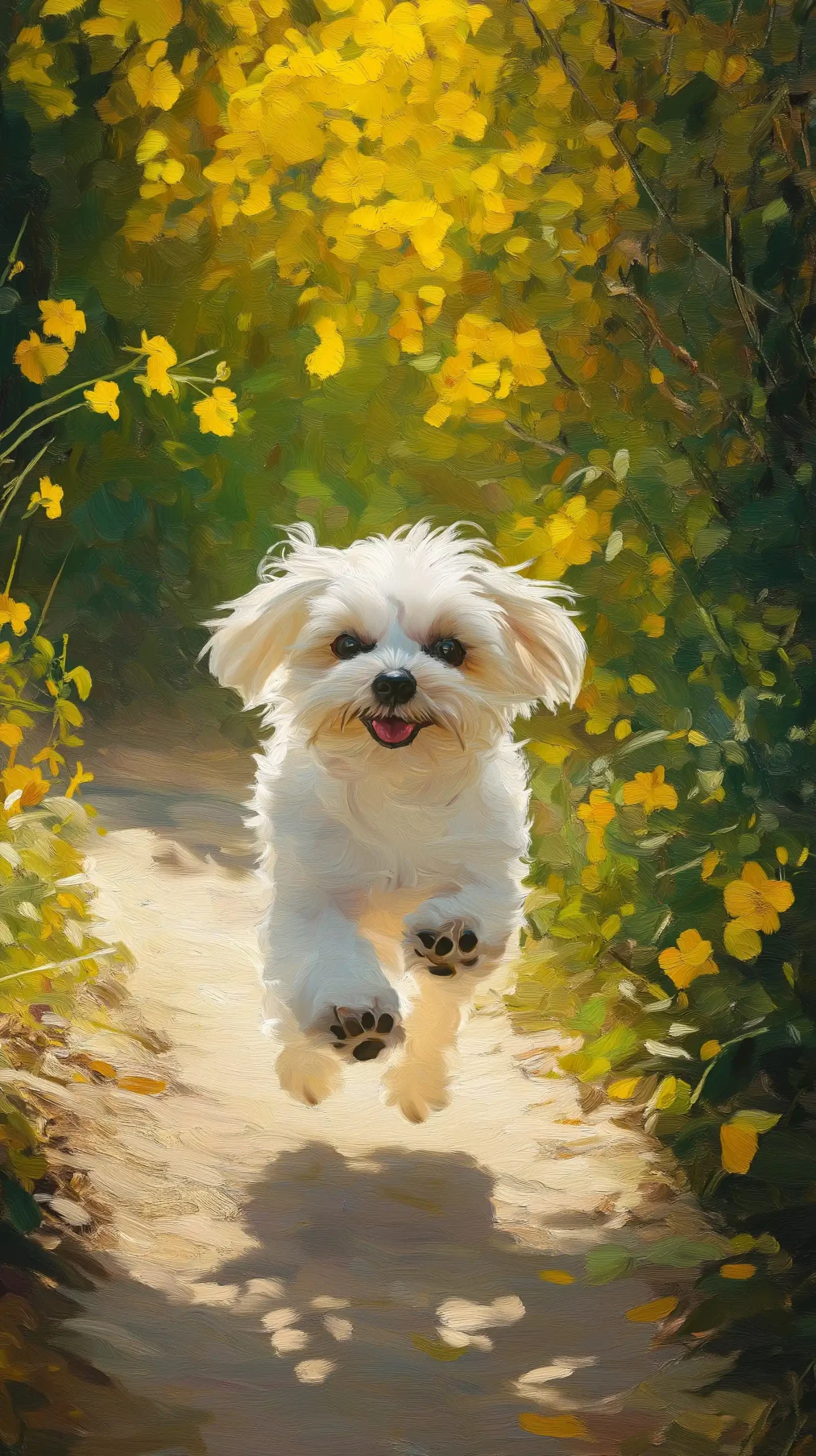 Maltese Dog in Forsythia