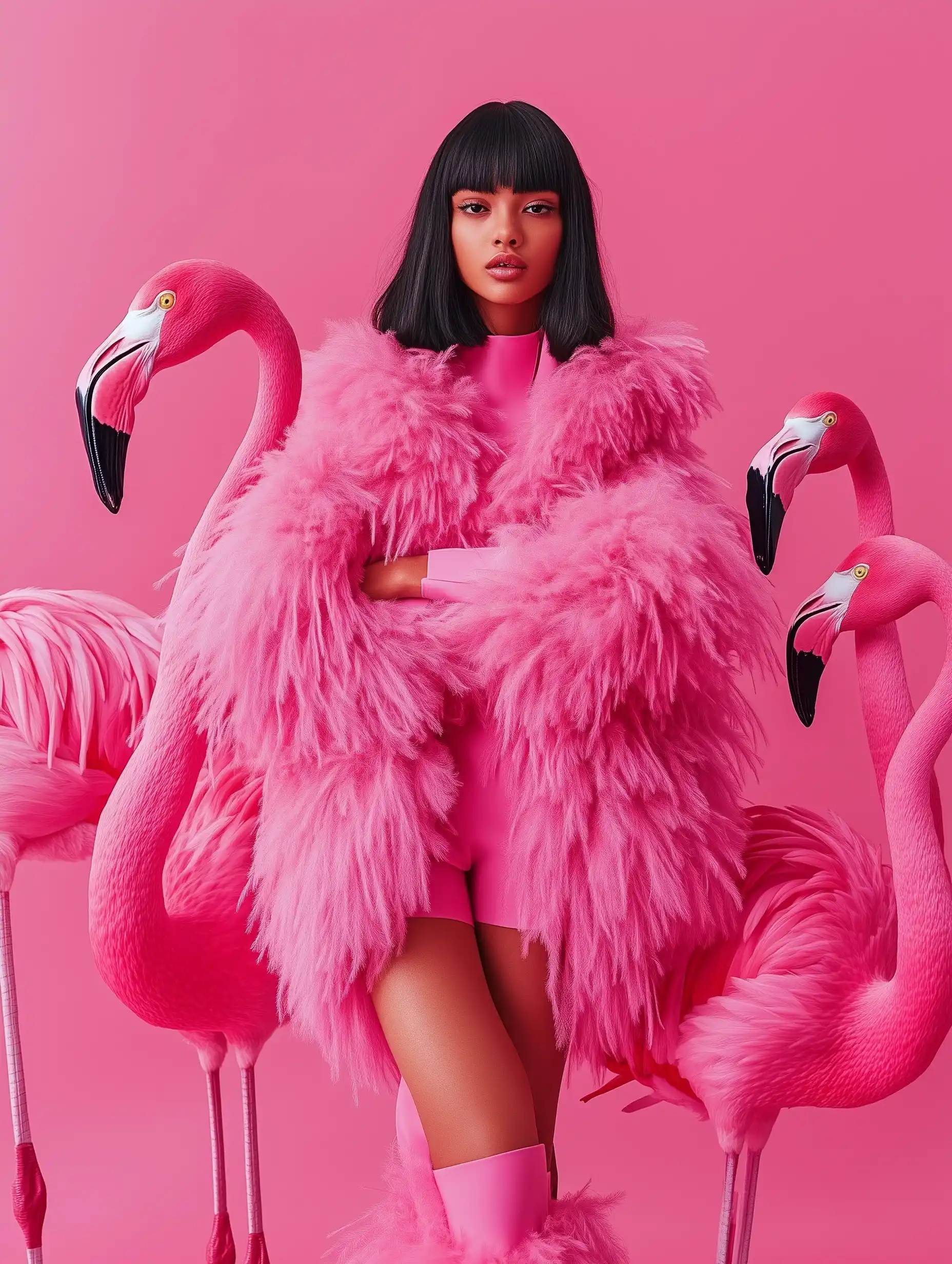 High Fashion Girl with Flamingos