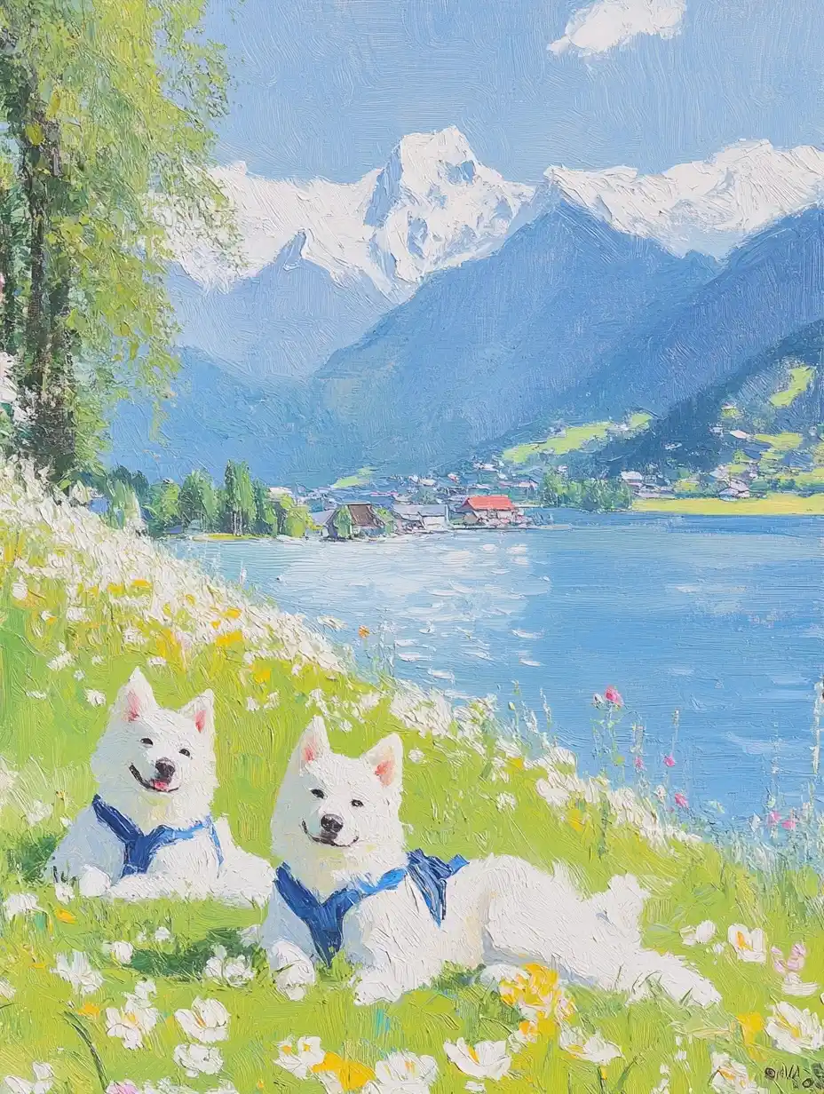 Impressionist Akitas by Lake