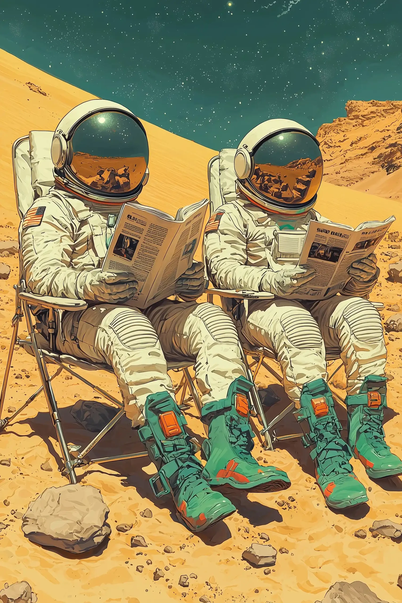 Astronauts Reading on Alien Dunes