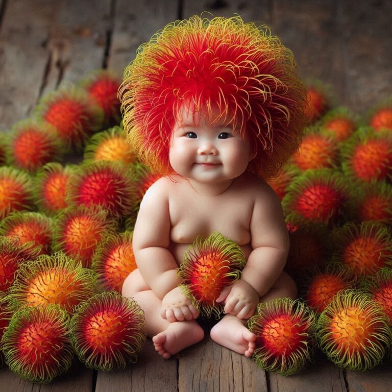 Chubby Baby Boy With Rambutan Hair Among Fruits