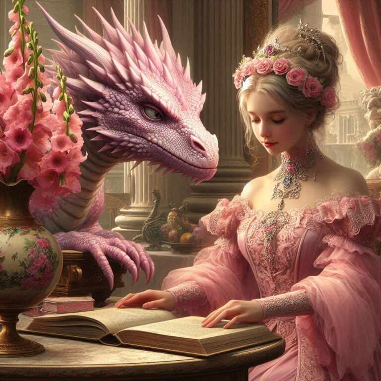 Pink Dragon Reading Book Beside Pastel-Gowned Woman