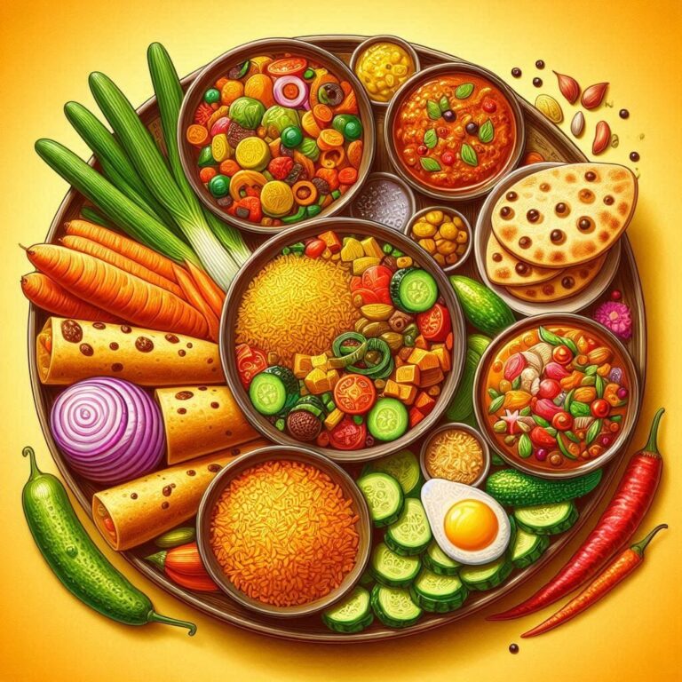 Indian Vegetarian Thali With Sweets and Pickles