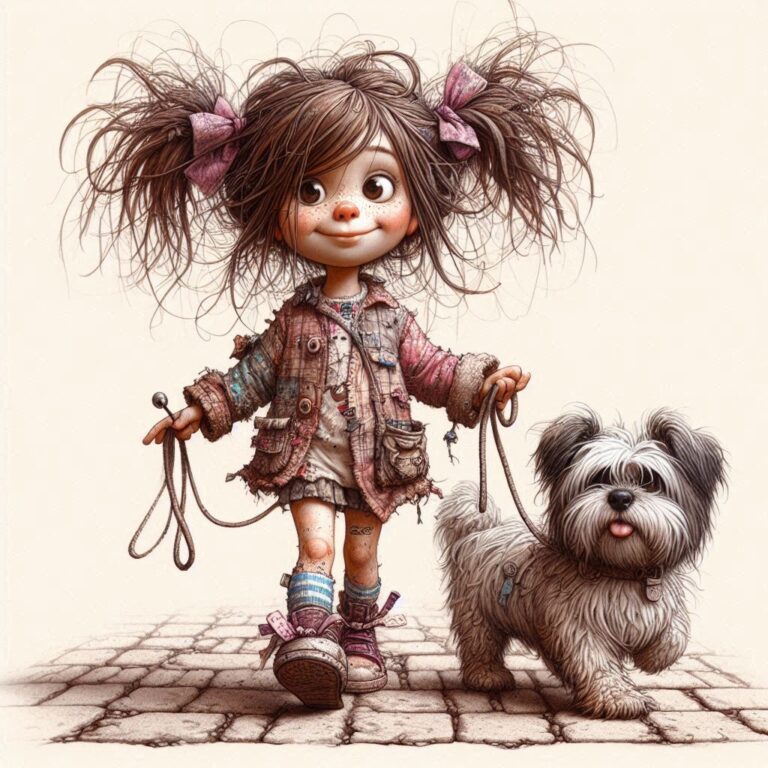 Quirky Girl in Pigtails Walking Her Dog Illustration