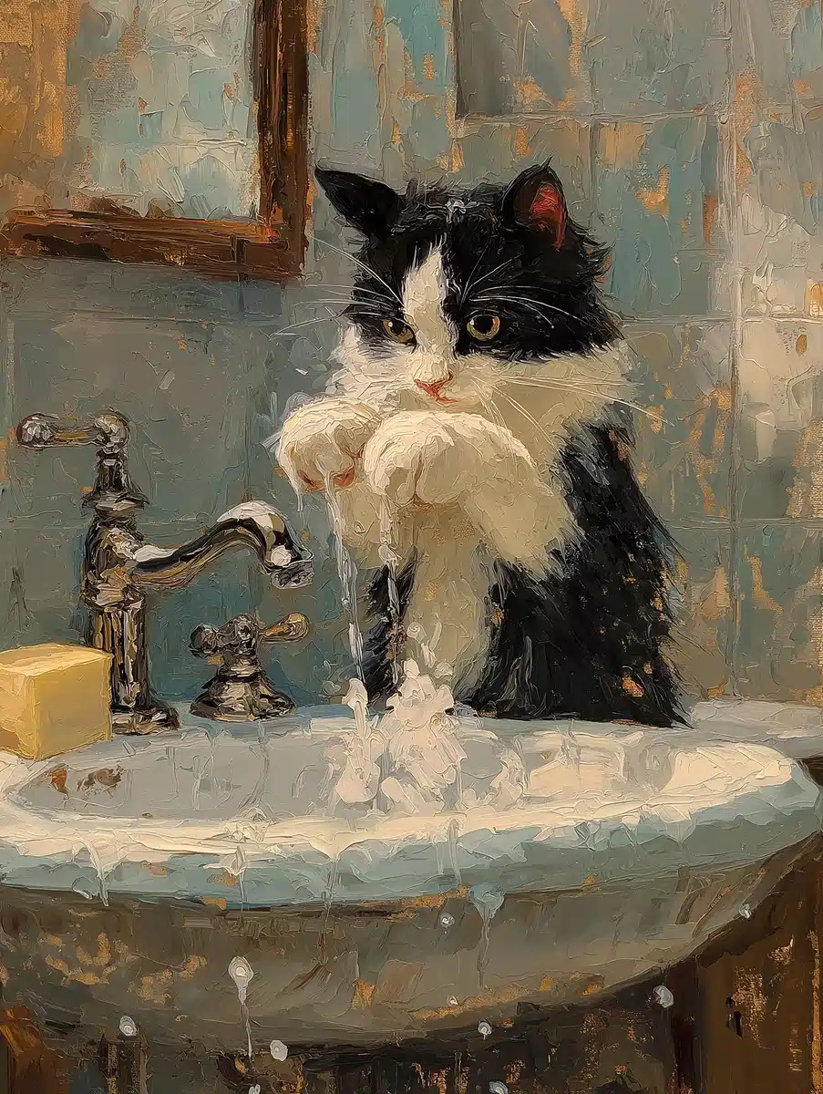 Tuxedo Cat at Sink