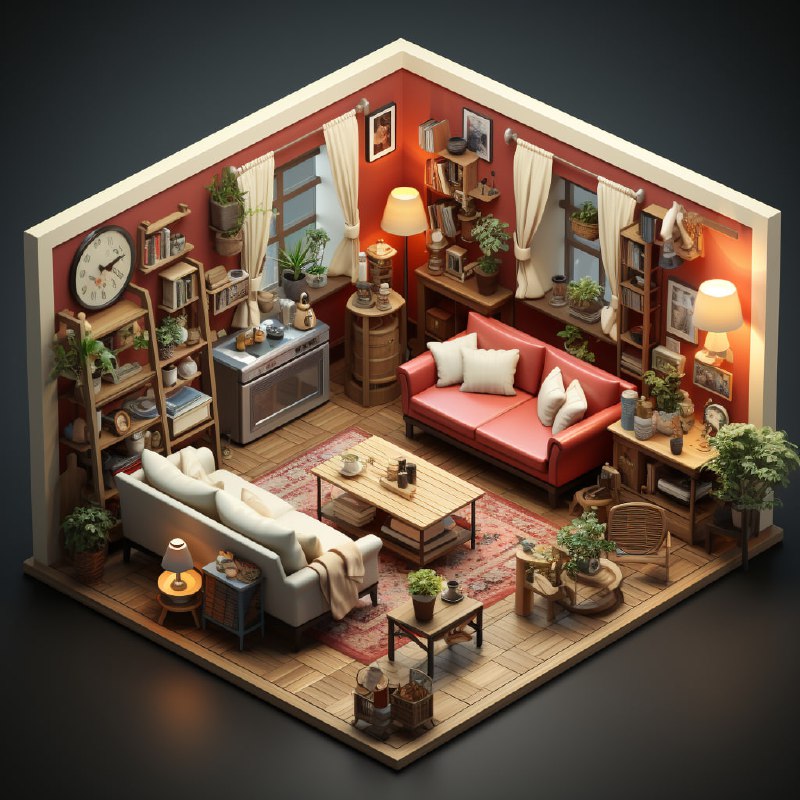 Isometric Living Room in Flat 2D Game Art Style