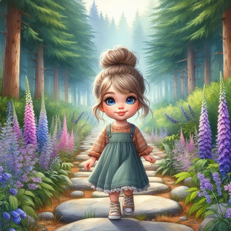 Blonde Girl on Stone Forest Path Vibrant Watercolor