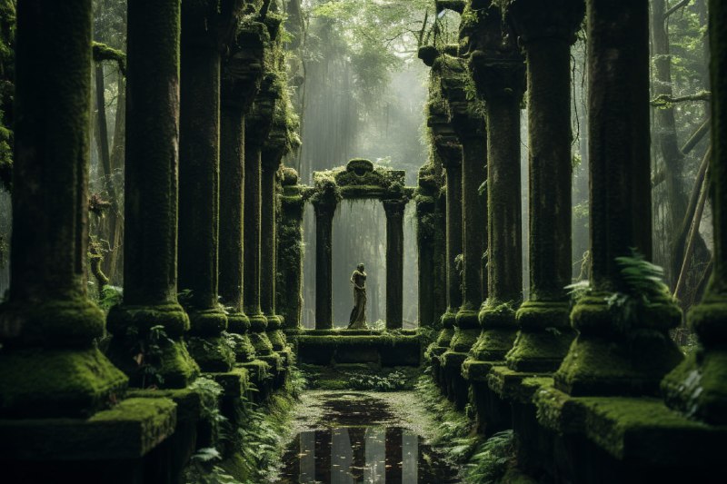 Moss Covered Colonnade Leading Into Enchanted Forest