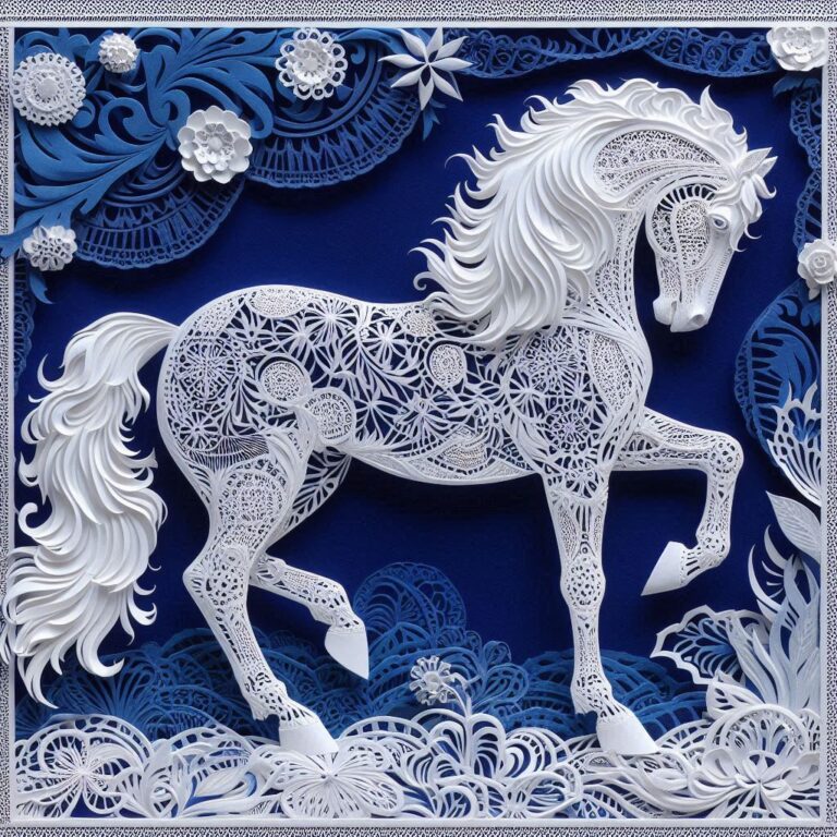White Lace Paper Art Horse on Purple Floral Background