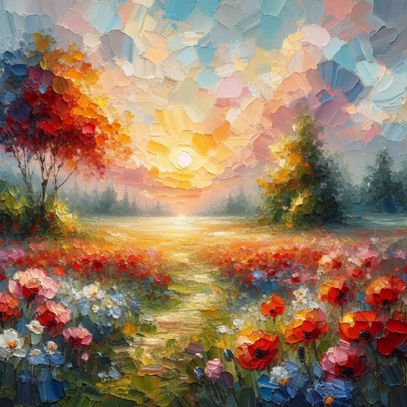 Sunrise Over Poppy Meadow Abstract Oil Painting