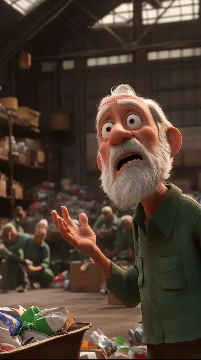 Animated Old Man in Warehouse