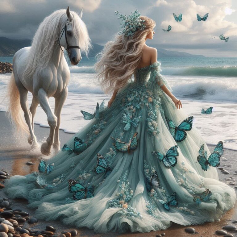 Woman in Teal Butterfly Gown Walking Shore With Horse