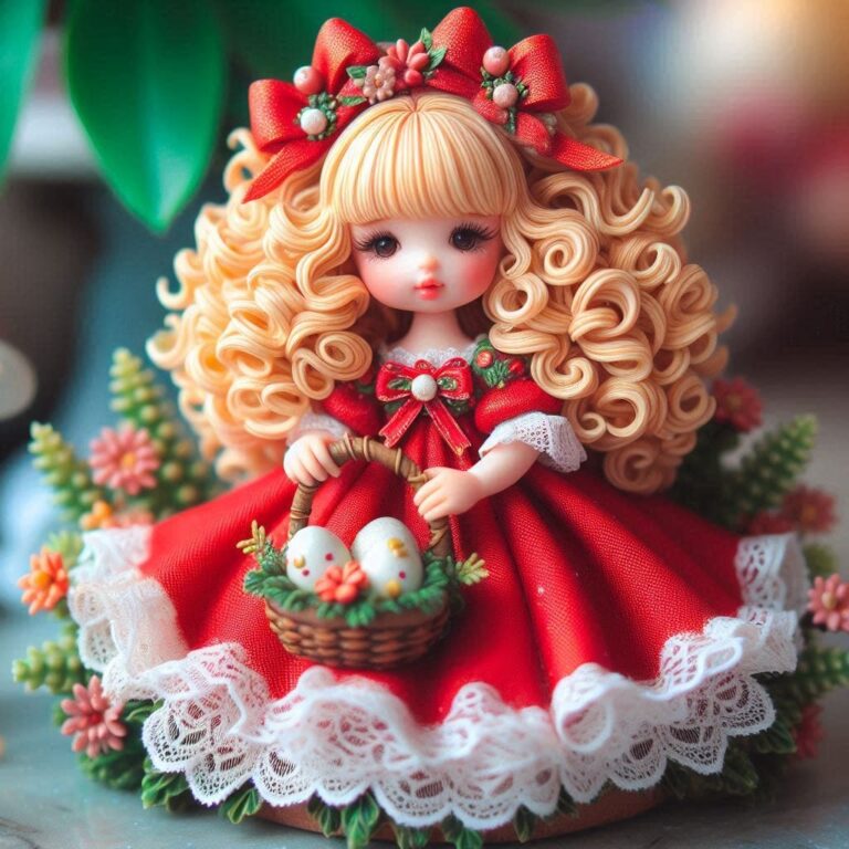 Blonde Figurine in Red Lace Dress With Matching Bows