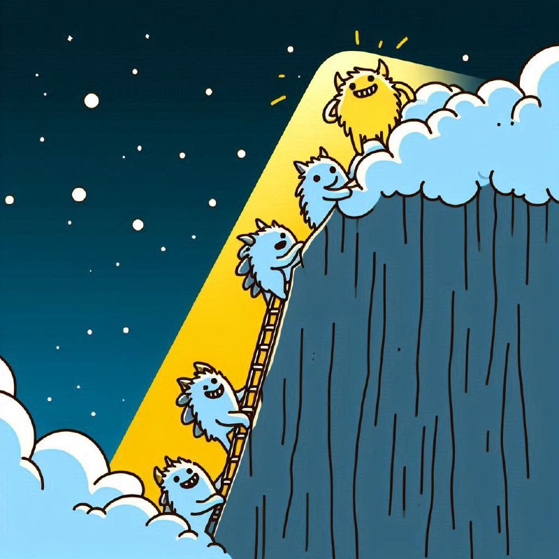 Cartoon Monsters Climbing Cliff Under Yellow Light
