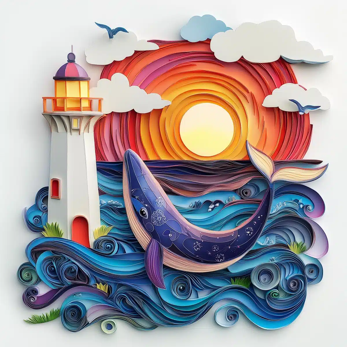 Colorful Quilled Lighthouse and Whale