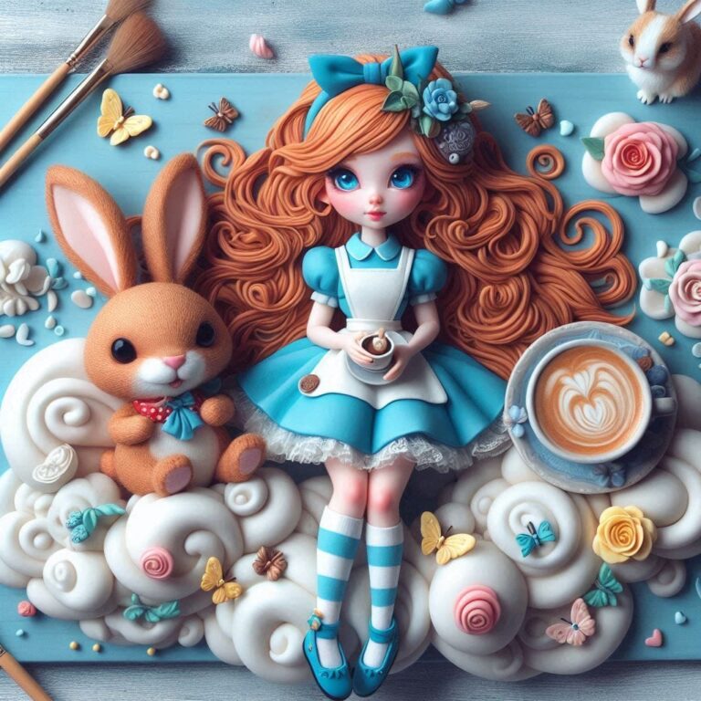 Alice and Rabbit Sipping Coffee on Fluffy Cloud