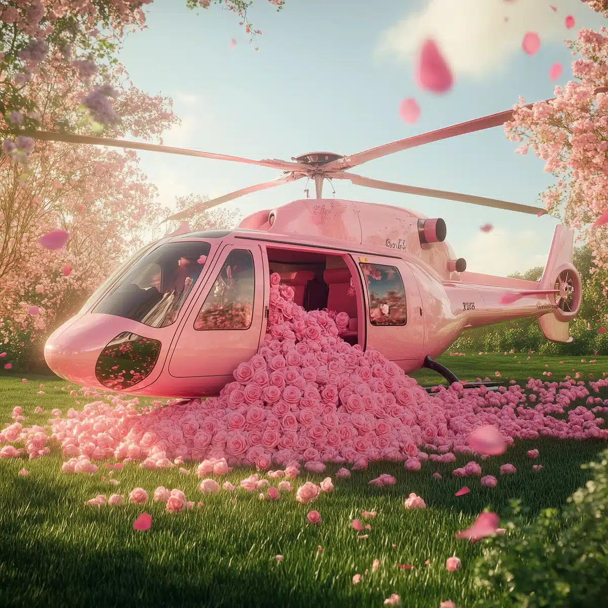 Ultra-Realistic Pink Helicopter Overflowing with Roses