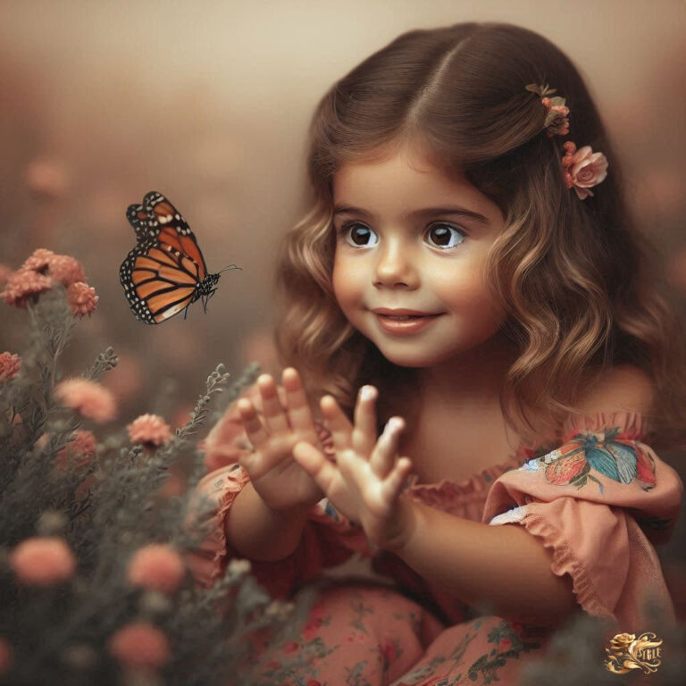 Girl in Flower Field Reaching for Hovering Butterfly