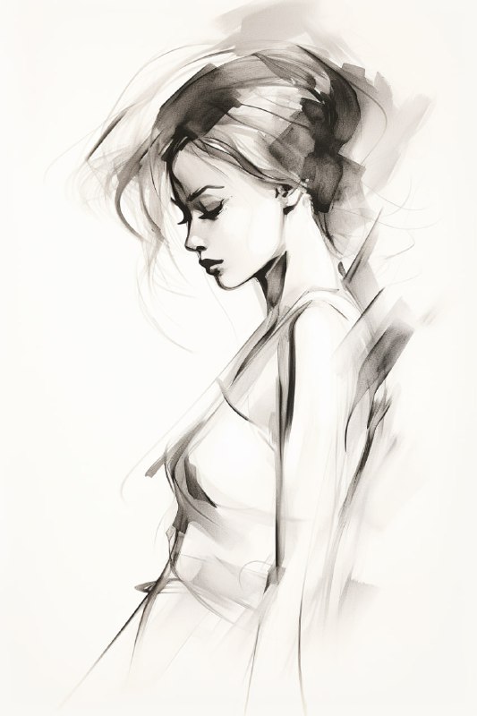 Black Pencil Contour Sketch of Girl Silhouette