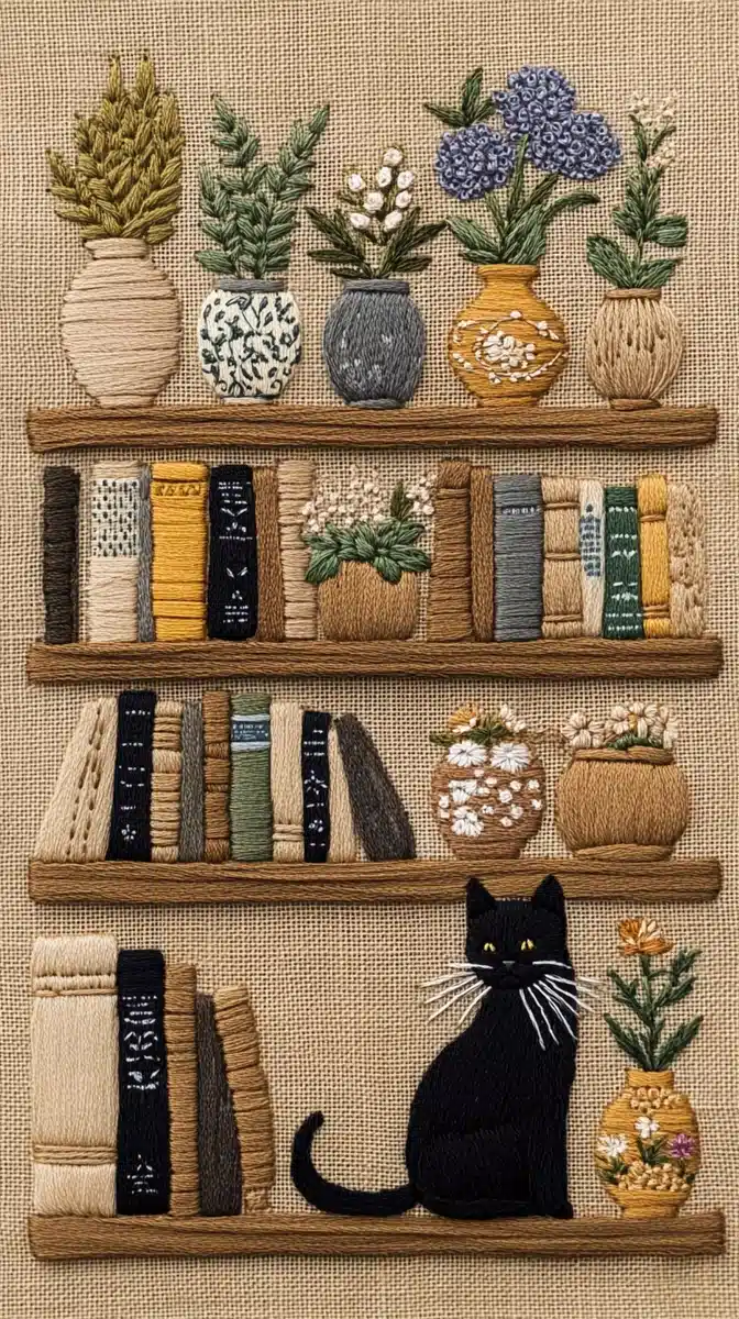Embroidered Bookshelf with Cat