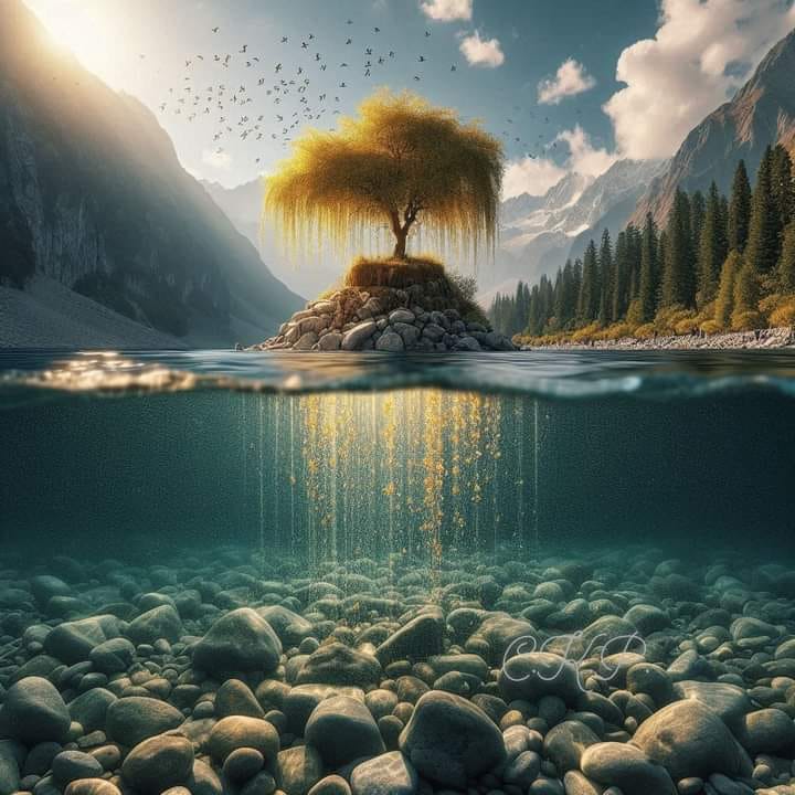 Crystal Clear Lake From Water Level With Rocky Mound