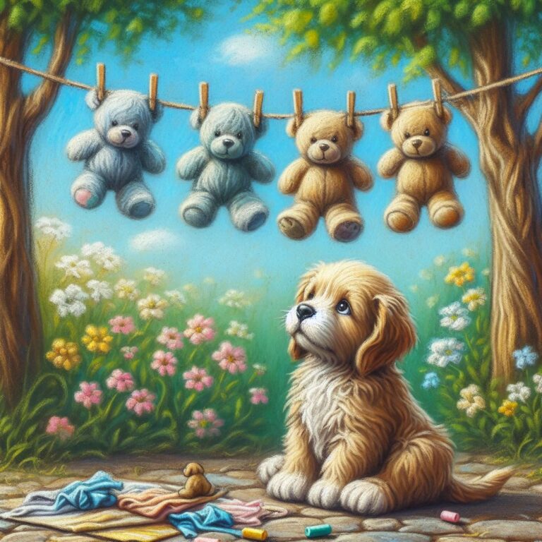 Puppy Watching Teddy Bears Dry on Clothesline Oil Art