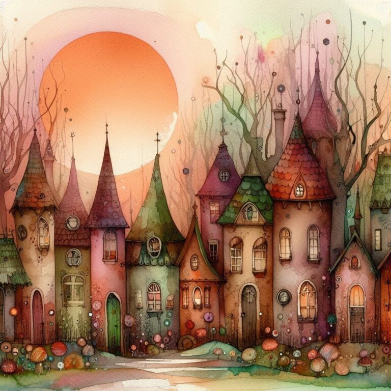 Whimsical Fairyland Street Watercolor at Sunset