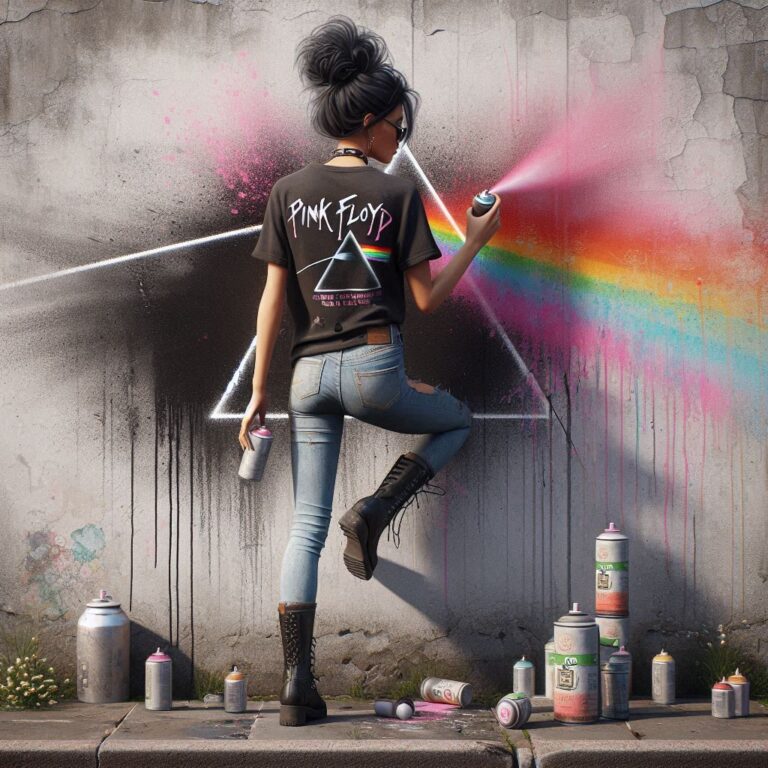 Rocker Woman Spraying Pink Floyd Graffiti on Wall